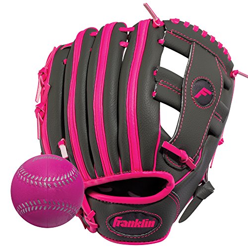 Product Cover Franklin Sports Teeball Glove - Left and Right Handed Youth Fielding Glove - Synthetic Leather Baseball Glove - Ready To Play Glove (RTP) - 9.5 Inch Right Hand Throw - Graphite/Pink with Ball