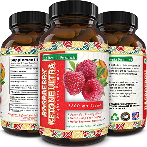 Product Cover California Products Pure Raspberry Ketones Supplement Natural Fat Burner and Appetite Suppressant Boosts Metabolism and Reduces Belly Fat Fast Weight Loss Product for Men and Women 60 Capsules