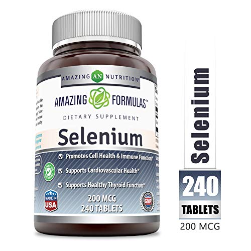 Product Cover Amazing Nutrition Selenium * 200mcg Natural Selenium Yeast * 240 Tablets Per Bottle  * Promotes Cell Health, Immune Function, Cardiovascular Health and Healthy Thyroid Function and More.