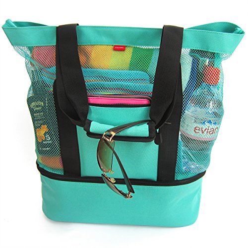 Product Cover OdyseaCo - Aruba Beach Bag - Beach Tote w/ Zipper & Insulated Cooler (Turquoise) Waterproof Beach Bag, Mesh Beach Tote, Beach Gear, Beach Essentials, Pool Bag,
