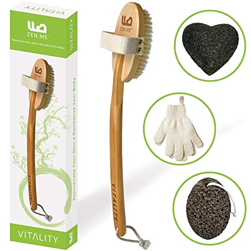 Product Cover Premium Dry Brushing Body Brush for Exfoliating Dry Skin to Get Glowing Tighter Skin - Body Brush Set Includes Exfoliator Gloves, Pumice Stone and Konjac Sponge