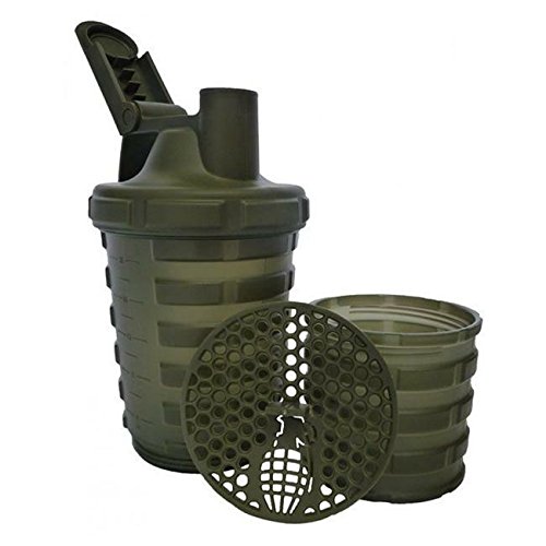 Product Cover Grenade Shaker Bottle | Protein Cup with Storage Compartment | Leak Proof Strainer Included | BPA Free Sports Bottle | Pill Slots |  Army Green, 20oz