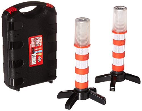 Product Cover Red LED Emergency Roadside Flares - Magnetic Base and Upright Stand - These Magnatek Red LED Beacons May Save Your Life - Our Road Flares Come with Batteries and Solid Storage case.