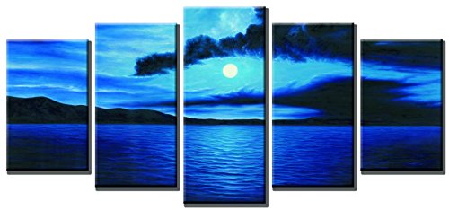 Product Cover Wieco Art Dark Blue Ocean White Sun Modern 5 Piece Wrapped Giclee Canvas Prints Contemporary Seascape Artwork Beach Pictures Paintings on Canvas Wall Art for Living Room Bedroom Home Decorations