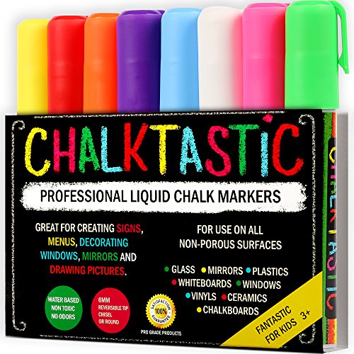 Product Cover Chalk Markers by Fantastic ChalkTastic Best for Kids Art, Chalkboard Labels, Menu Board Bistro Boards, 8 Glass Window Markers, non-toxic Erasable Liquid Pens Chisel or Fine Tip, Neon Colors plus White