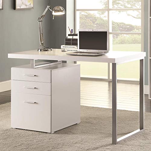 Product Cover Writing Desk with File Drawer and Reversible Set-Up White and Silver