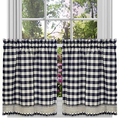 Product Cover GoodGram Buffalo Check Plaid Gingham Custom Fit Farmhouse Café Styled Window Tier Curtain Treatments - Assorted Colors & Sizes (Navy Blue, 36 in. Length)