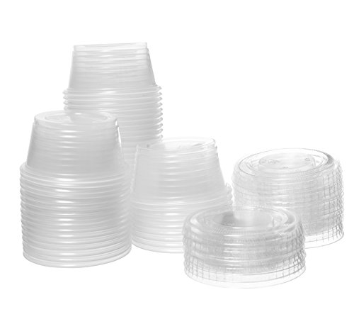 Product Cover Crystalware, Disposable 3.25oz. Plastic Portion Cups with Lids, Condiment Cup, Jello Shot, Soufflé Portion, Sampling Cup, 100 Sets - Clear