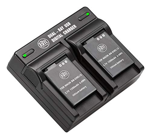 Product Cover BM Premium 2 EN-EL12 Batteries & Dual Charger for Nikon Coolpix A1000 B600 W300 A900 AW100 AW110 AW120 AW130 S6300 S8100 S8200 S9050 S9200 S9300 S9400 S9500 S9700 S9900 P330 P340 KeyMission 170, 360