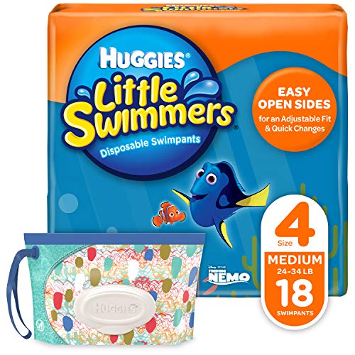 Product Cover Huggies Little Swimmers Disposable Swim Diapers, Swimpants, Size 4 Medium (24-34 Pound), 18 Count, with Huggies Wipes Clutch 'N' Clean Bonus Pack (Packaging May Vary)