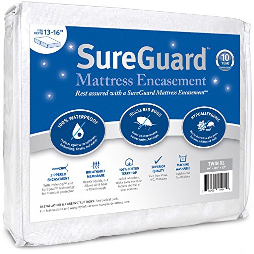 Product Cover Twin XL (13-16 in. Deep) SureGuard Mattress Encasement - 100% Waterproof, Bed Bug Proof, Hypoallergenic - Premium Zippered Six-Sided Cover - 10 Year Warranty