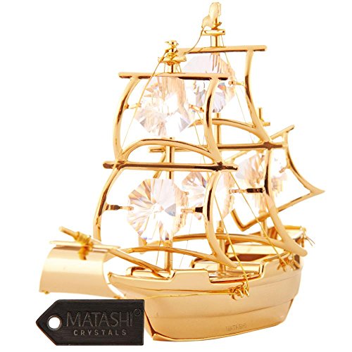 Product Cover Matashi 24K Gold Plated Highly Polished Mayflower Ship Ornament Crystal Studded Figurine Tabletop Showpiece for Living Room Gift for Christmas Valentine's Day Mother's Day Anniversary Birthday