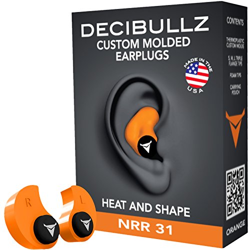Product Cover Decibullz - Custom Molded Earplugs, 31dB Highest NRR, Comfortable Hearing Protection for Shooting, Travel, Swimming, Work and Concerts (Orange)