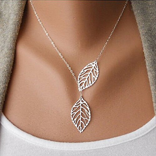 Product Cover Aukmla Chic Leaf Shaped Chain Jewelry Necklaces for Women and Girls (Silver)
