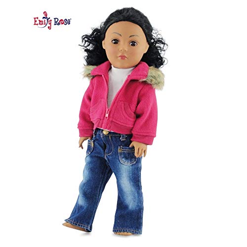 Product Cover Emily Rose 18 Inch Doll Clothes for American Girl Doll - Fur Collar Accessory Jacket Outfit with White T-Shirt and Distressed Jeans