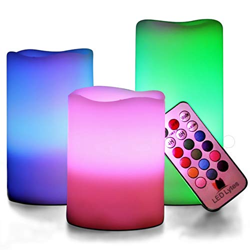 Product Cover LED Lytes Multi Colored Flameless Candles, 3 Ivory Wax with Multi-Function Timer Remote Control, Battery Operated with Flickering Flame Candle Set for Gifts