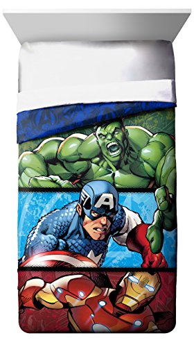 Product Cover Marvel Avengers  Publish Twin Comforter - Super Soft Kids Reversible Bedding features Hulk, Iron Man, and Captain America - Fade Resistant Polyester Microfiber Fill (Official Marvel Product)