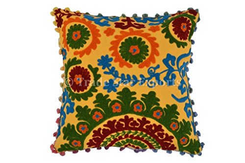 Product Cover Trade Star Exports Pom Pom Cushion Covers 16x16, Suzani Pillow Covers, Bohemian Pillow Cases Decorative, Indian Cushions Pillow