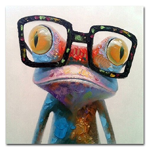 Product Cover Muzagroo Art Hand Painted on Canvas Cute Frog with Glasses Oil Painting Wall Art (16x16in Happy Frog)