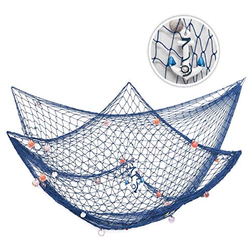 Product Cover king do way 79inch x 59inch Mediterranean Style Fishing Nets with Sea Shells and Anchor Decorative Background Wall Bar for Home Decoration (Blue)