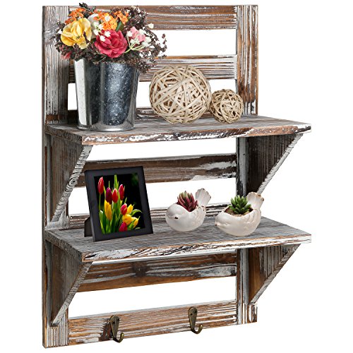 Product Cover MyGift Rustic Wood Wall Mounted Organizer Shelves w/ 2 Hooks, 2-Tier Storage Rack, Brown