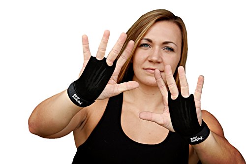 Product Cover Bear KompleX 2 Hole Leather Hand Grips for Gymnastics & Crossfit, Pull-ups, Weight Lifting. WODs w, Wrist Straps. Comfort & Support- Hand Protection from Rips & Blisters. (Black, Small)