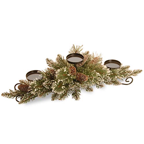 Product Cover National Tree 30 Inch Glittery Pine Centerpiece with 3 Candle Holders and 9 White Tipped Cones (GB3-810-30C-B)
