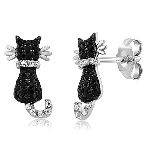 Product Cover Gem Stone King Cat Stud Earrings 925 Sterling Silver Black and White Cubic Zirconia CZ Jewelry 0.54 Cttw 1/2 Inch
