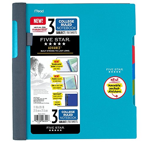 Product Cover Five Star Advance Spiral Notebook, 3 Subject, College Ruled Paper, 150 Sheets, 11