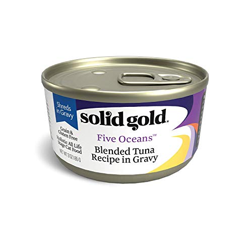 Product Cover Solid Gold Shreds In Gravy Wet Cat Food; Five Oceans With Real Tuna (Formally New Moon), 24Ct/3Oz Can