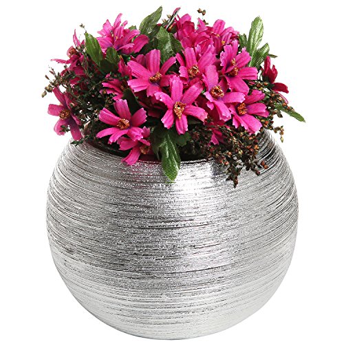 Product Cover 7-Inch Round Modern Silver-Tone Metallic Ceramic Plant Flower Planter Pot, Decorative Bowl Vase
