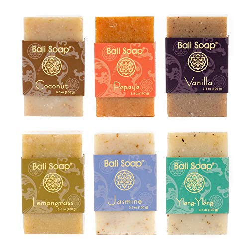 Product Cover Bali Soap - Natural Soap Bar Gift Set, Face Soap or Body Soap, 6 pc Variety Soap Pack (Coconut, Papaya, Vanilla, Lemongrass, Jasmine, Ylang-Ylang) 3.5 Oz each