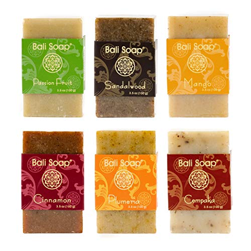 Product Cover Bali Soap - Natural Soap Bar Gift Set, Face Soap or Body Soap, 6 pc Variety Soap Pack (Passion Fruit, Sandalwood, Mango, Cinnamon, Plumeria, Champaca) 3.5 Oz each