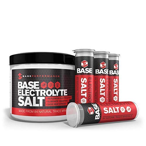 Product Cover   BASE Performance electrolyte salt, 226 Servings tub with 4 refillable race vials. Prevent cramping and gastrointestinal distress using an all natural formula rapidly absorbed under the tongue.