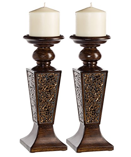 Product Cover Creative Scents Schonwerk Pillar Candle Holder Set of 2- Crackled Mosaic Design- Functional Table Decorations- Centerpieces for Dining/Living Room- Best Wedding Gift (Walnut)