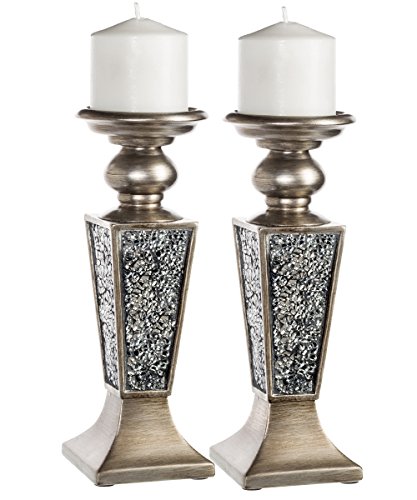 Product Cover Creative Scents Schonwerk Pillar Candle Holder Set of 2- Crackled Mosaic Design- Home Coffee Table Decor Decorations Centerpiece for Dining/Living Room- Best Wedding Gift (Silver)