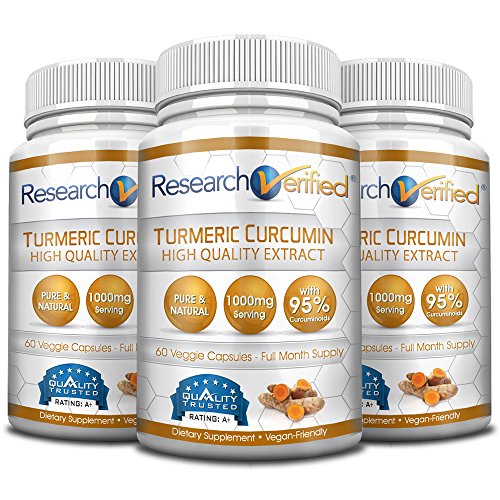 Product Cover Research Verified Turmeric Curcumin - Vegan with BioPerine, 95% Standardized Curcuminoids - Natural Anti-Inflammatory, Antioxidant, Pain Relief and Antidepressant - 3 Bottles (3 Months Supply)