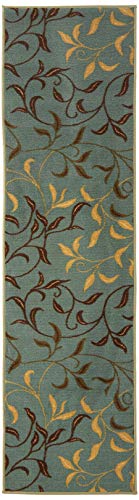 Product Cover Ottomanson Otto Home Contemporary Leaves Design Modern Runner Rug with Non-Skid Rubber Backing, Sage Green/Aqua Blue, 22
