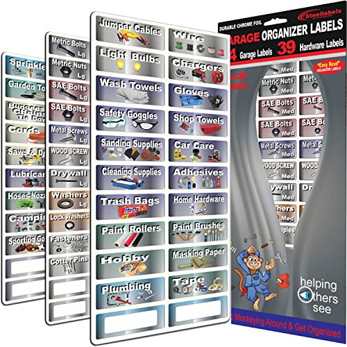 Product Cover Garage Organizer Labeling Set- 3 Large Sheets with - 83 Chrome Foil Decals for organizing All Your Garage Items & Hardware 