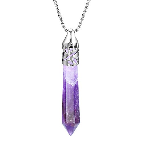 Product Cover BEADNOVA Healing Crystal Necklace for Women Men Natural Amethyst Quartz Crystal Pendant Energy Healing Gemstones Jewelry Pendulum Crystal Divination (Hexagonal,18 Inches Stainless Steel Chain)