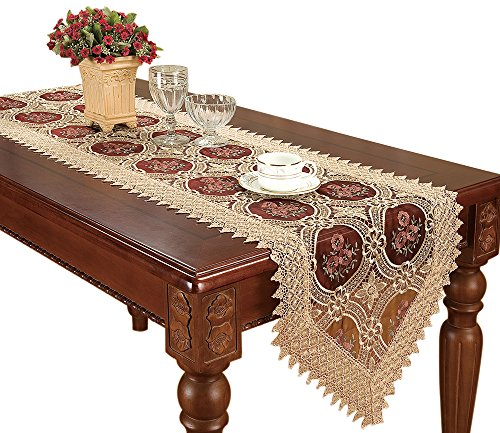 Product Cover Simhomsen Vintage Gold Burgundy Lace Table Runner and Dresser Scarves Embroidered Floral 16 × 72 Inch
