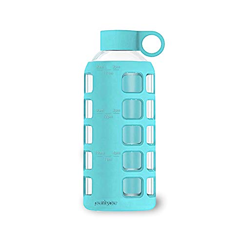 Product Cover purifyou Premium Glass Water Bottle with Non-Slip Silicone Sleeve and Stainless Steel Lid Insert, 12/22 / 32 oz (Aqua Blue, 12 oz)