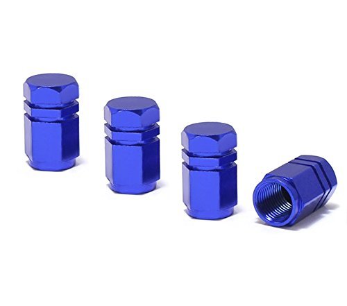 Product Cover iJDMTOY (4) Tuner Racing Style Blue Aluminum Tire Valve Caps (Hexagon Shape)