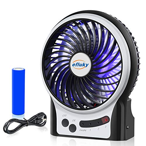 Product Cover efluky 3 Speeds Mini Desk Fan, Rechargeable Battery Operated Fan with LED Light and 2200mAh Battery, Portable USB Fan Quiet for Home, Office, Travel, Camping, Outdoor, Indoor Fan, 4.9-Inch, Black