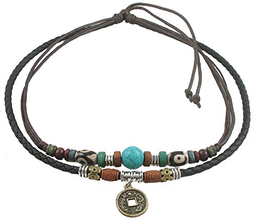 Product Cover Ancient Tribe Unisex Adjustable Hemp Black Leather Choker Necklace Turquoise Bead