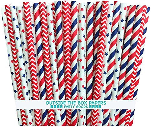 Product Cover Outside the Box Papers Stars and Stripes Paper Straws 7.75 Inches 75 Pack Red, White, Blue