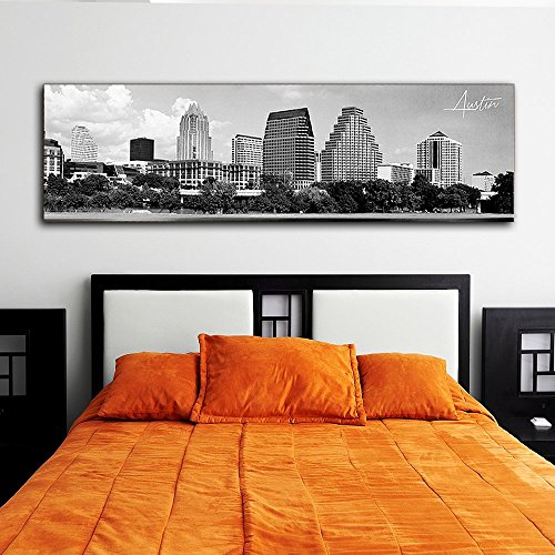 Product Cover WallsThatSpeak Panoramic Austin Cityscape Picture, Black and White Stretched Canvas Art Prints, Wall Decoration for Bedroom or Office, Framed and Ready to Hang, 14