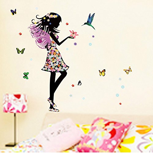Product Cover Alrens_DIY(TM)Angel Wings Beautiful Girl Flowers Butterfly DIY Wall Stickers Removable Home Decoration Living Room Bedroom Girl's Room Decor Décor adesivo de parede Self Adhesive Creative Art Mural Decorative Decal (Multi-color)