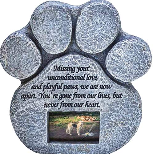 Product Cover Paw Print Pet Memorial Stone - Features a Photo Frame and Sympathy Poem - Indoor Outdoor Dog or Cat for Garden Backyard Marker Grave Tombstone - Loss of Pet Gift - Loss of Dog Gift
