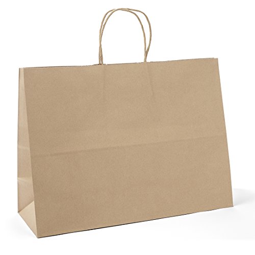 Product Cover GSSUSA FACSCO 25 Pcs 16x6x12 Kraft Paper Handle Shopping Gift Merchandise Carry Retail Bags (Natural)